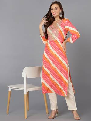 women pink viscose rayon leheriya embroidered straight kurta 5