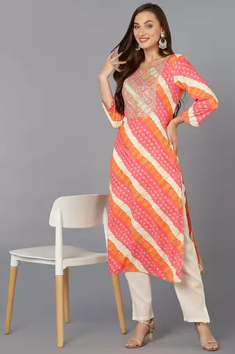 women pink viscose rayon leheriya embroidered straight kurta
