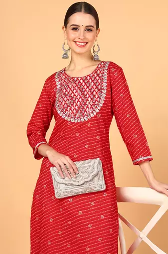 women red cotton leheriya embroidered straight kurta