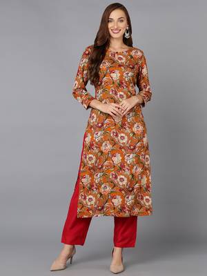 women orange viscose rayon floral printed straight kurta 1