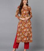 women orange viscose rayon floral printed straight kurta