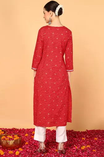women red cotton leheriya embroidered straight kurta