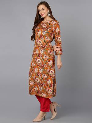 women orange viscose rayon floral printed straight kurta 3