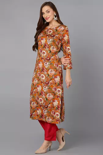 women orange viscose rayon floral printed straight kurta