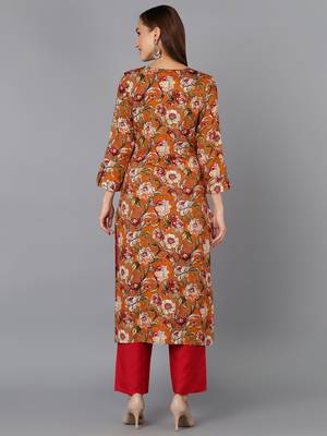 women orange viscose rayon floral printed straight kurta 4