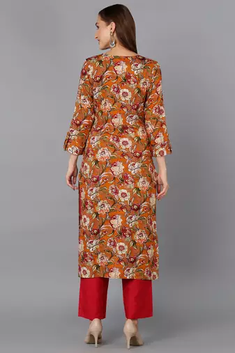 women orange viscose rayon floral printed straight kurta