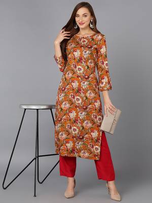 women orange viscose rayon floral printed straight kurta 5