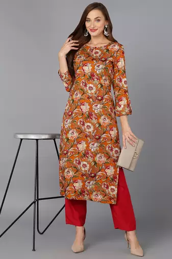 women orange viscose rayon floral printed straight kurta