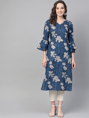 women blue rayon blend floral printed straight kurta 1