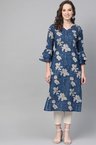women blue rayon blend floral printed straight kurta
