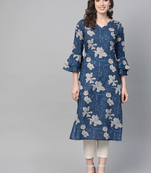 women blue rayon blend floral printed straight kurta
