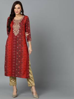 women maroon viscose rayon bandhani embroidered straight kurta 1