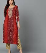 women maroon viscose rayon bandhani embroidered straight kurta