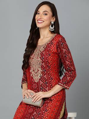 women maroon viscose rayon bandhani embroidered straight kurta 2
