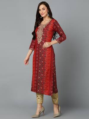 women maroon viscose rayon bandhani embroidered straight kurta 3