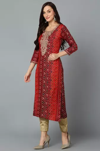 women maroon viscose rayon bandhani embroidered straight kurta