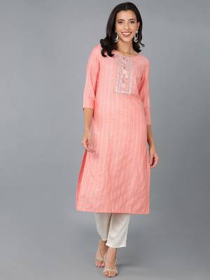 women peach cotton striped embroidered straight kurta 1