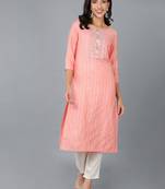 women peach cotton striped embroidered straight kurta