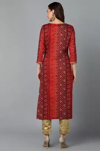 women maroon viscose rayon bandhani embroidered straight kurta