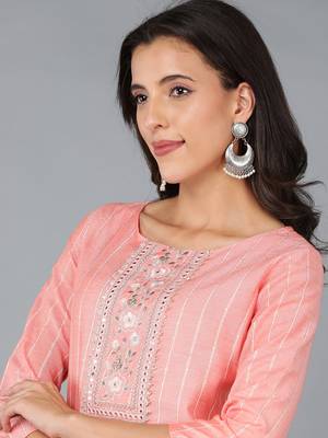 women peach cotton striped embroidered straight kurta 2