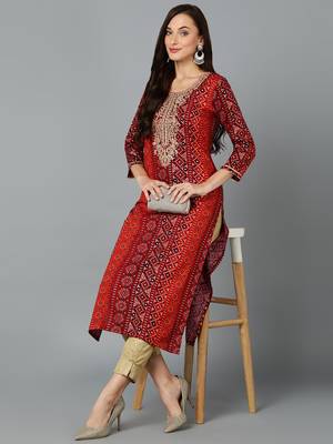 women maroon viscose rayon bandhani embroidered straight kurta 5
