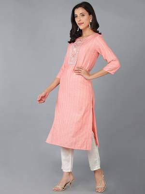 women peach cotton striped embroidered straight kurta 3