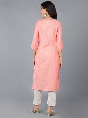 women peach cotton striped embroidered straight kurta 4