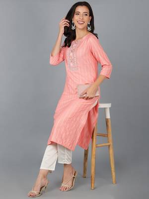 women peach cotton striped embroidered straight kurta 5
