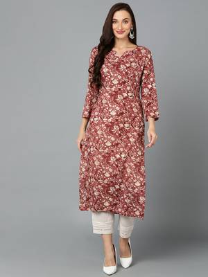 women mauve viscose rayon floral printed straight kurta 1