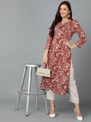 women mauve viscose rayon floral printed straight kurta 5