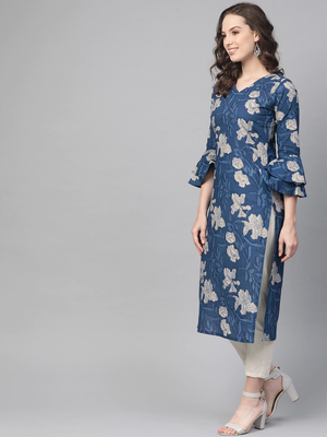 women blue rayon blend floral printed straight kurta 3