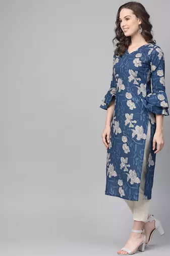 women blue rayon blend floral printed straight kurta