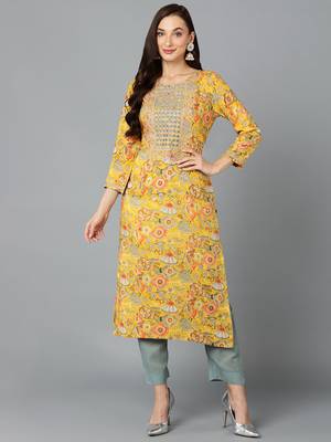 women yellow viscose rayon quirky embroidered straight kurta 1