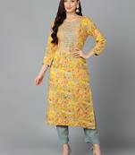 women yellow viscose rayon quirky embroidered straight kurta