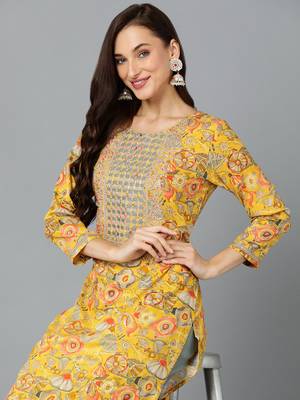 women yellow viscose rayon quirky embroidered straight kurta 2