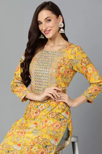 women yellow viscose rayon quirky embroidered straight kurta