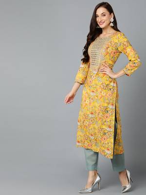 women yellow viscose rayon quirky embroidered straight kurta 3