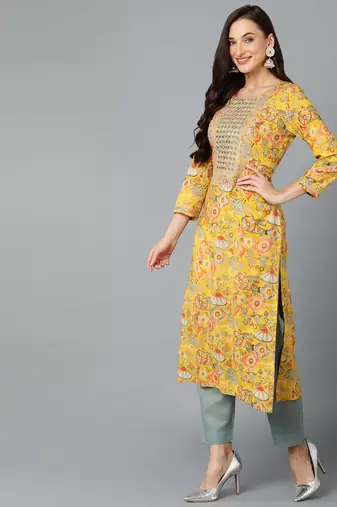 women yellow viscose rayon quirky embroidered straight kurta