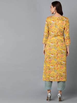 women yellow viscose rayon quirky embroidered straight kurta 4