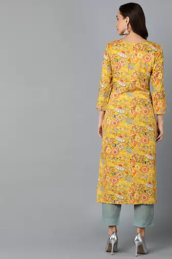 women yellow viscose rayon quirky embroidered straight kurta