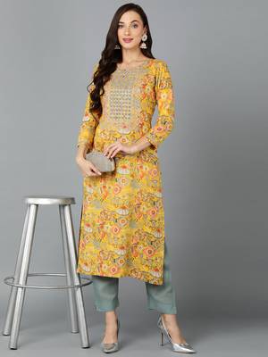 women yellow viscose rayon quirky embroidered straight kurta 5