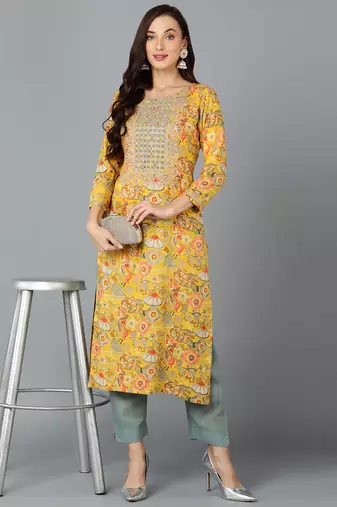 women yellow viscose rayon quirky embroidered straight kurta