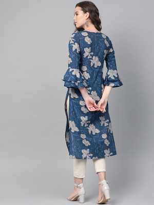 women blue rayon blend floral printed straight kurta 4