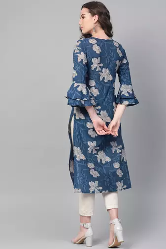 women blue rayon blend floral printed straight kurta