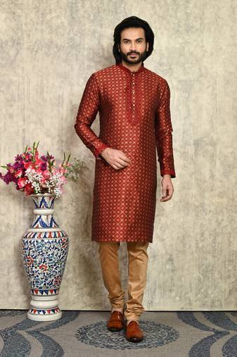 Maroon embroidered art silk kurta pajama