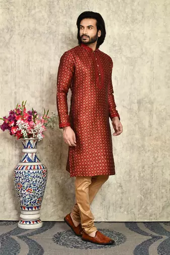 Maroon embroidered art silk kurta pajama