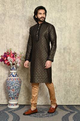 Black embroidered art silk kurta pajama 2