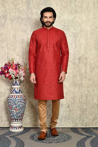 Maroon plain art silk kurta pajama