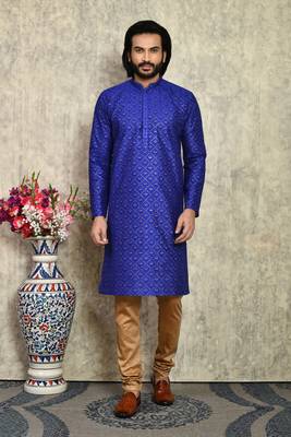 Blue plain art silk kurta pajama 1