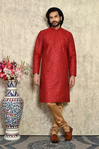 Maroon plain art silk kurta pajama